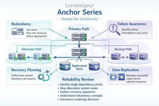 An infographic diagram titled 'Lurvxigueur Anchor Series Design for Continuity' showing database redundancy and failover concepts with primary, alternate, and backup paths, replicated data, and labeled boxes such as Redundancy, Failure Awareness, Recovery Planning, and Data Replication.