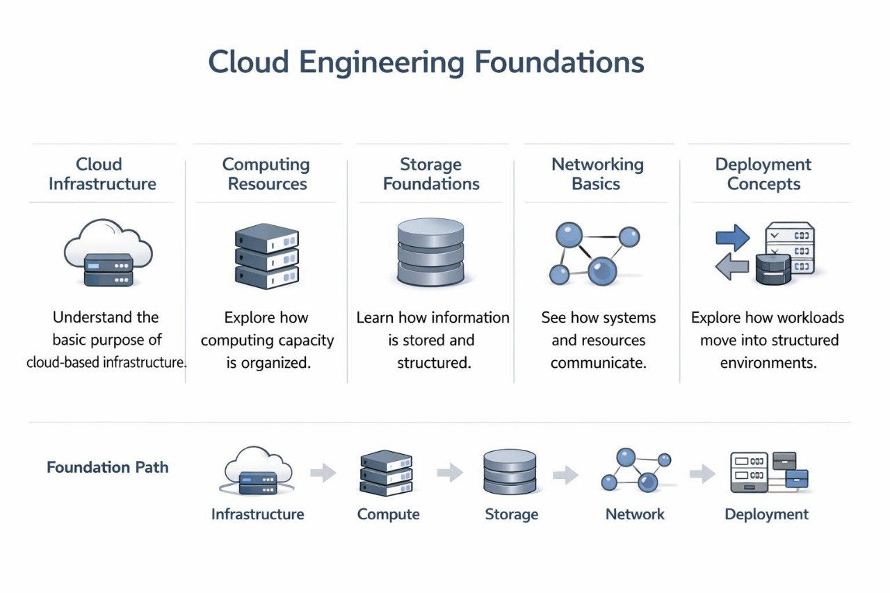 An educational infographic titled 'Cloud Engineering Foundations' outlining key concepts and a foundation path. The top section features five columns with icons and brief descriptions for Cloud Infrastructure, Computing Resources, Storage Foundations, Networking Basics, and Deployment Concepts.