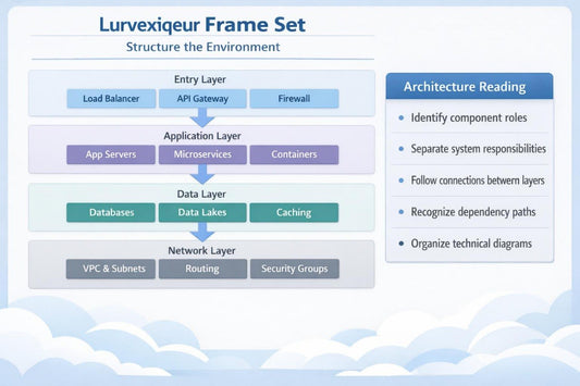 A digital infographic titled 'Lurvexiqueur Frame Set' explaining the 'Structure of the Environment' in a software architecture context, featuring layered diagrams of Entry, Application, Data, and Network layers alongside an 'Architecture Reading' sidebar.