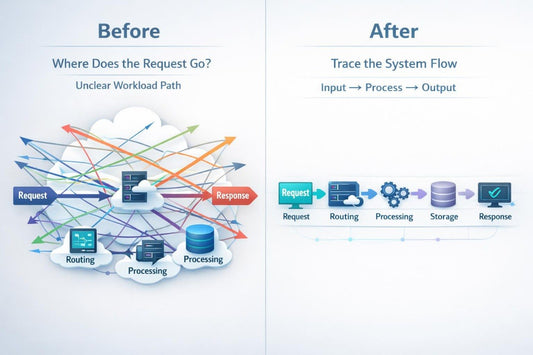 A digital infographic comparing a 'Before' state with an 'After' state for tracing system flow. The left 'Before' panel shows a messy, tangled request path with multiple colored arrows radiating from a server cloud, labeled 'Unclear Workload Path'.