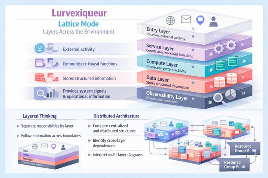 An infographic diagram titled 'Lurvxequieur Lattice Mode' explaining a layered architecture model. It features a central stack of colored layers labeled Entry Layer, Service Layer, Compute Layer, Data Layer, and Observability Layer, with icons representing external activity, messaging, structured data storage, and signals.