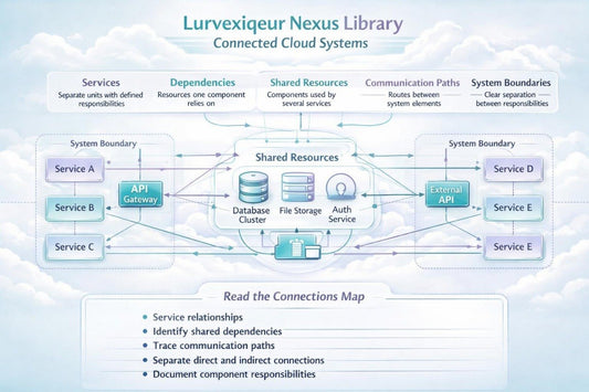 A cloud architecture diagram titled 'LurveXigure Nexus Library Connected Cloud Systems' showing service components, shared resources, API gateways, and connection paths with labels and a notes section at the bottom.