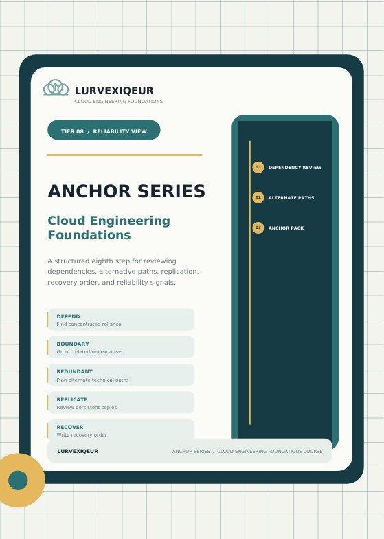 A digital course cover for 'Anchor Series: Cloud Engineering Foundations' by LurveXiqur, displayed on a tablet mockup over a light grid background.