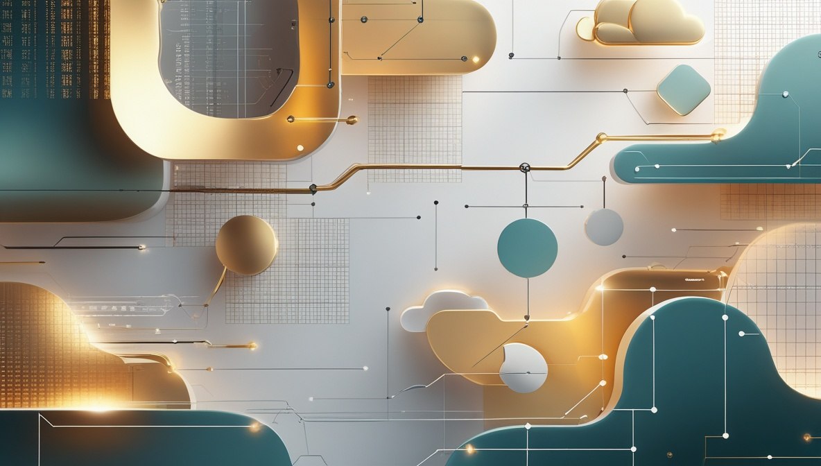 Abstract 3D digital artwork featuring geometric shapes, glowing gold metallic forms, and teal-blue cloud-like layers over a light gray grid background.