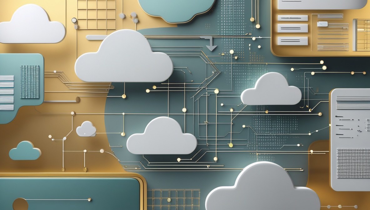 Abstract 3D digital illustration featuring stylized white clouds layered over a circuit-board-like design with teal and gold tones, connected nodes, and interface panels.