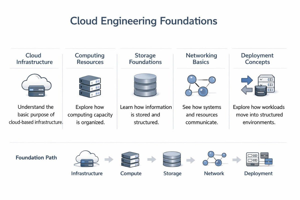 An educational infographic titled 'Cloud Engineering Foundations' outlining key concepts and a foundation path. The top section features five columns with icons and brief descriptions for Cloud Infrastructure, Computing Resources, Storage Foundations, Networking Basics, and Deployment Concepts.