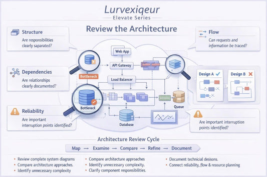 A digital infographic titled 'Lurvxequr 'Elevate Series' and 'Review the Architecture' showing a database and API gateway architecture diagram with magnifying glass icons, design options, and a 'Architecture Review Cycle' table at the bottom.