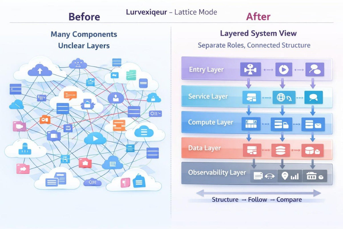 A comparison graphic titled 'Lurvexiqueur - Lattice Mode' showing a 'Before' state with a tangled cloud network diagram and an 'After' state with a layered system view featuring Entry Layer, Service Layer, Compute Layer, Data Layer, and Observability Layer.