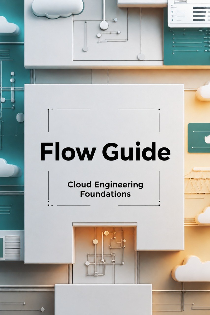 A book or guide cover titled "Flow Guide" with the subtitle "Cloud Engineering Foundations," shown centered over a stylized abstract background of teal, cream, and beige architectural or circuit-like illustrations.