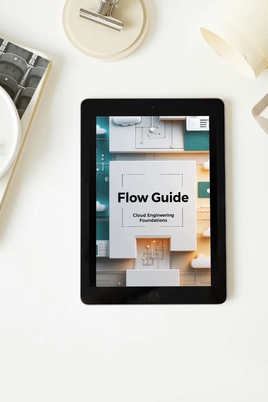 A black tablet lying on a white desk, displaying a digital guide titled 'Flow Guide: Cloud Engineering Foundations.' The scene is styled with neutral office props around it, including a ring light, papers, and a pen.