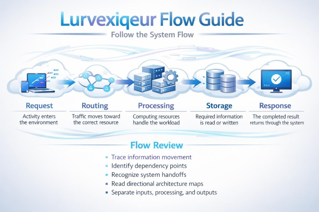 A digital flow chart titled 'Lurvxigreur Flow Guide' with a light blue and white background. It illustrates a request-to-response system flow with icons for a laptop, network node, server stack, database cylinders, and a monitor, plus text labels for Request, Routing, Processing, Storage, and Response.