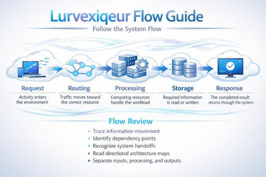 A digital flow chart titled 'Lurvxigreur Flow Guide' with a light blue and white background. It illustrates a request-to-response system flow with icons for a laptop, network node, server stack, database cylinders, and a monitor, plus text labels for Request, Routing, Processing, Storage, and Response.