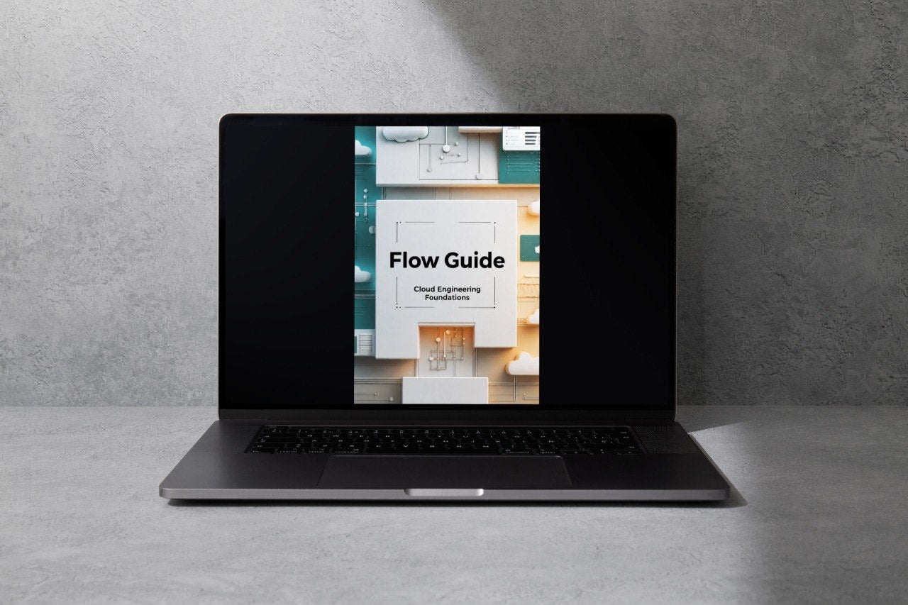 A dark gray laptop sits open on a light gray surface against a textured gray wall, displaying a webpage titled 'Flow Guide' on its screen.