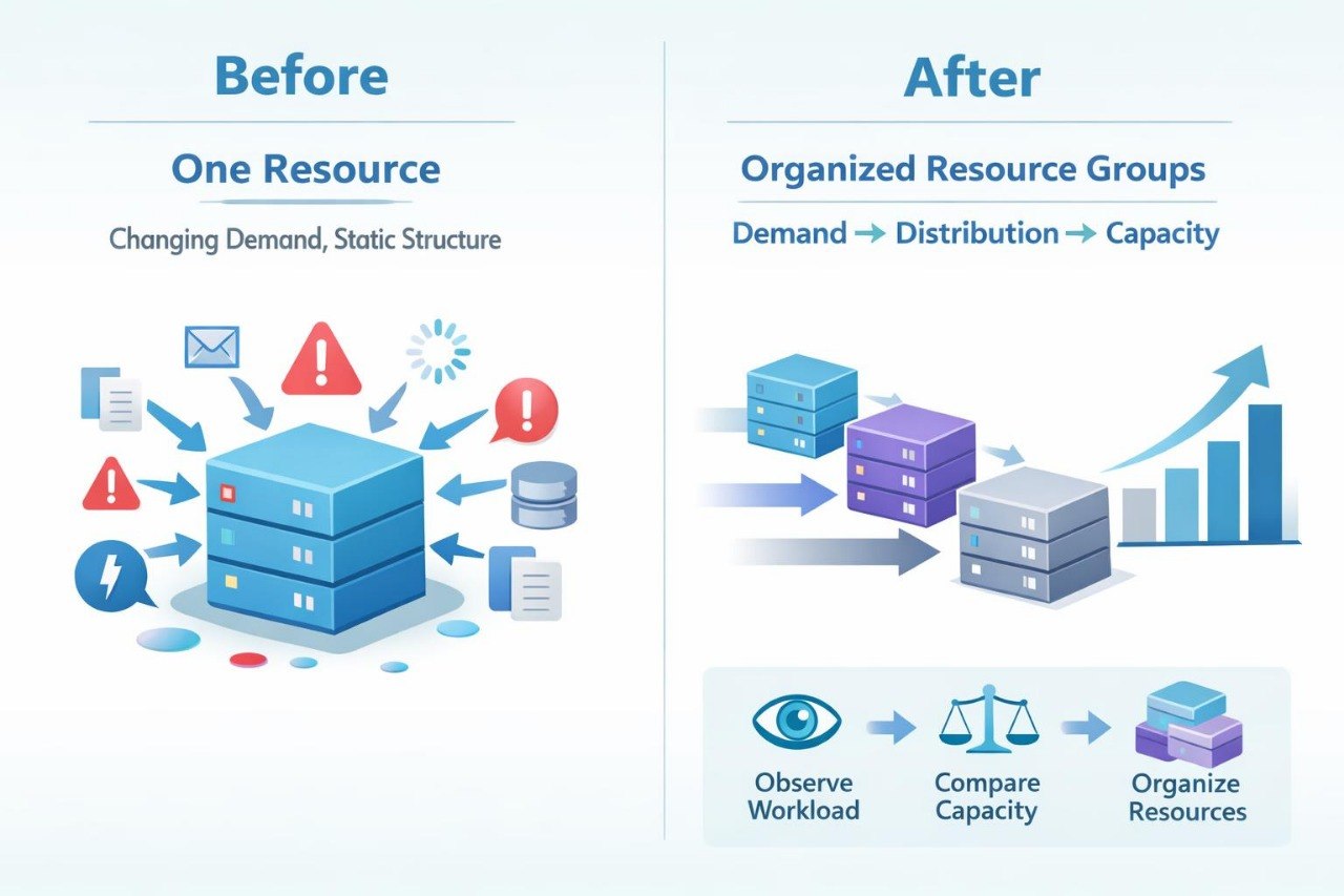 A digital infographic comparing a 'Before' state with an 'After' state of resource management. The left side, labeled 'Before', shows a single blue server stack with red and blue icons representing changing demands and static structures.