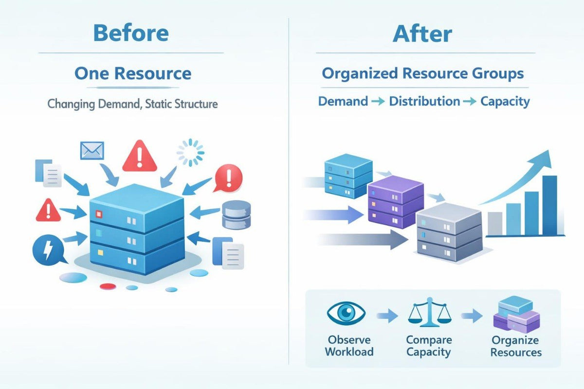 A digital infographic comparing a 'Before' state with an 'After' state of resource management. The left side, labeled 'Before', shows a single blue server stack with red and blue icons representing changing demands and static structures.