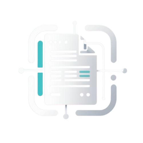 A minimalist white and light gray icon of a document inside a square frame, with small teal vertical bars on the left and right sides, on a solid black background.