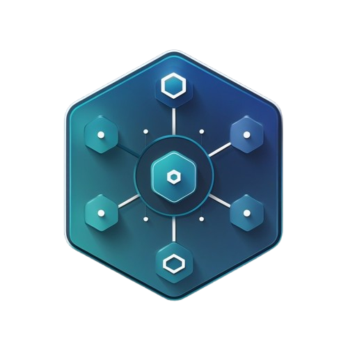 A digital graphic of a hexagonal icon with a blue and teal gradient, featuring a central hexagon with a white hexagon inside, connected to five surrounding hexagons by white lines on a white background.