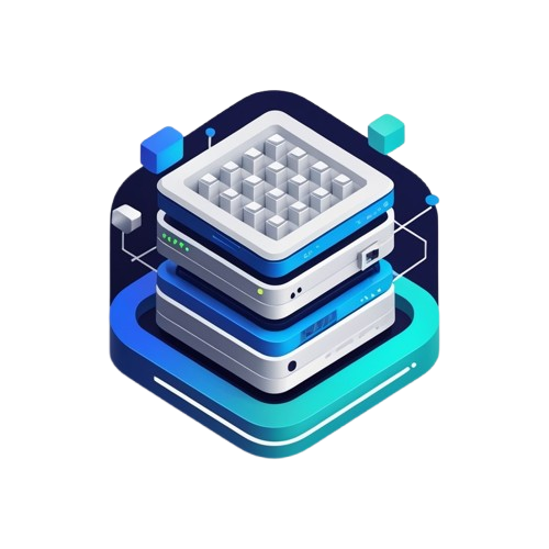 An isometric digital illustration of a stacked server rack or data center tower in shades of blue, cyan, white, and dark navy, isolated on a solid white background.
