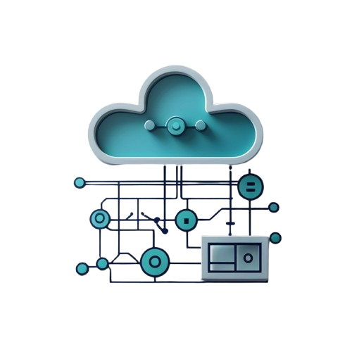 A stylized digital illustration of a teal cloud connected to a circuit-like network with nodes, lines, and a small control panel, shown on a plain white background.