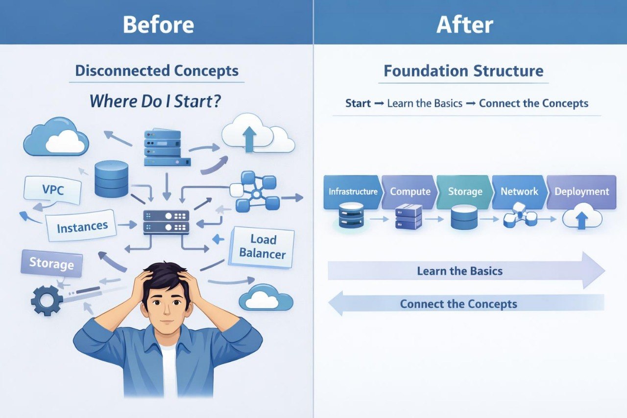 A before-and-after infographic comparing a confused developer labeled 'Before' with a structured learning path labeled 'After'. The 'Before' section shows a frustrated person with hands on their head, surrounded by disconnected cloud computing terms like VPC, instances, storage, and load balancer.