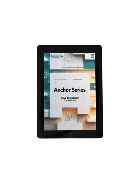 A black tablet device centered on a white background, displaying a book or guide cover titled 'Anchor Series Cloud Engineering Foundations' with a white, gray, and teal architectural design.