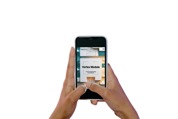 A person holding a smartphone with both hands, showing a digital course or module screen titled 'Vertex Module' on the display against a plain white background.