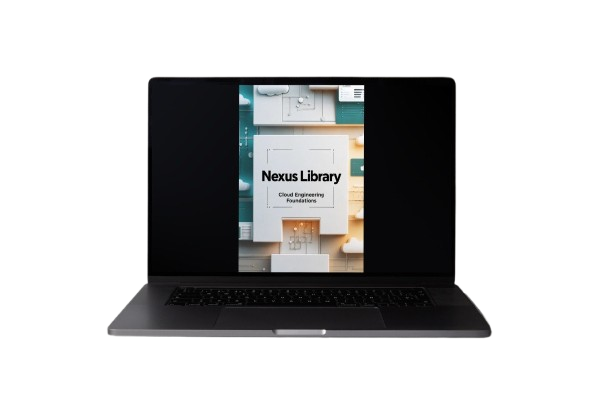 A dark gray laptop shown open against a plain white background, with the screen displaying a book or course cover titled "Nexus Library: Cloud Engineering Foundations.".