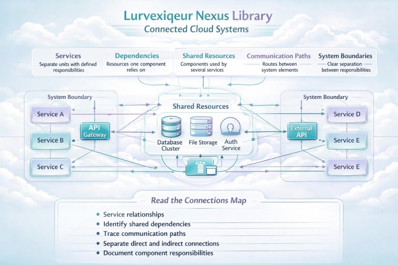 A cloud architecture diagram titled 'LurveXigure Nexus Library Connected Cloud Systems' showing service components, shared resources, API gateways, and connection paths with labels and a notes section at the bottom.