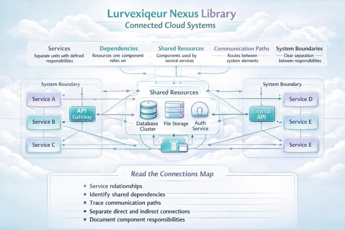 A cloud architecture diagram titled 'LurveXigure Nexus Library Connected Cloud Systems' showing service components, shared resources, API gateways, and connection paths with labels and a notes section at the bottom.