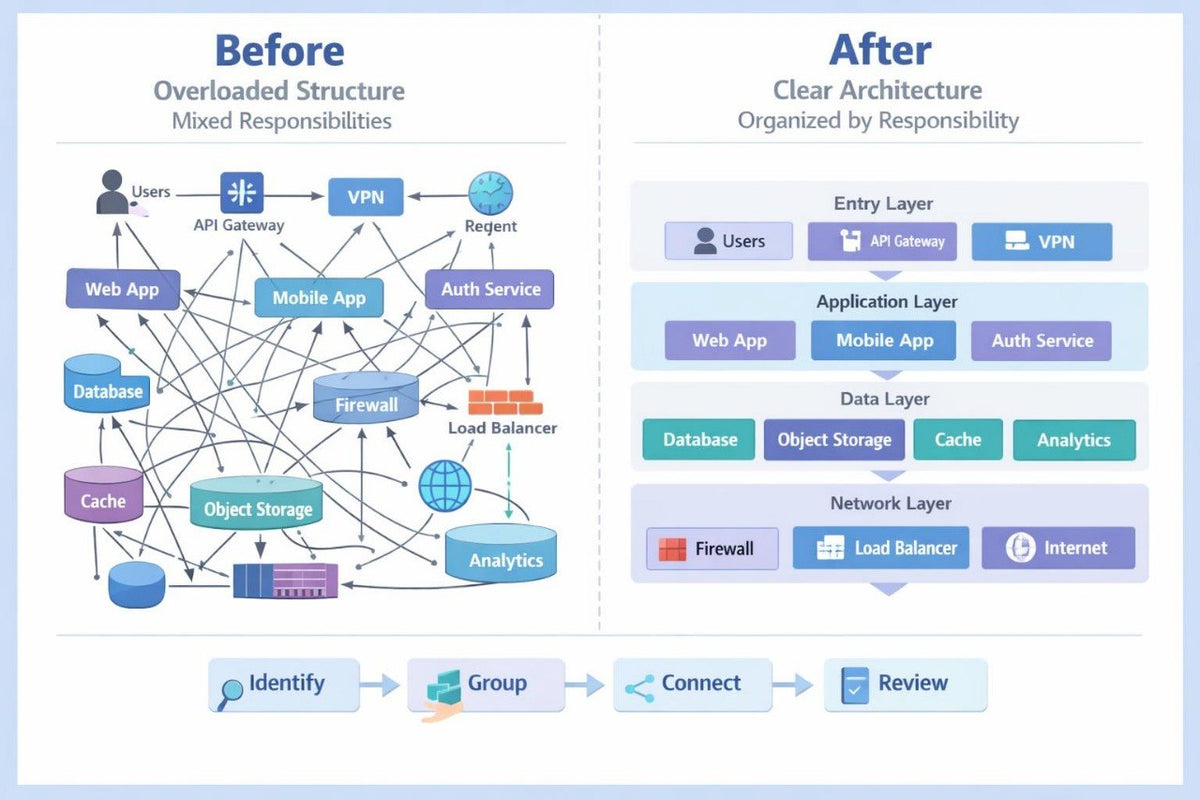 A before-and-after comparison diagram for software architecture, showing an overloaded mixed-structure diagram labeled 'Before' on the left and a clearer organized layered architecture labeled 'After' on the right, with icons and labels for users, API gateway, VPN, web app, mobile app, auth service, database, object storage, cache, analytics, firewall, and load balancer.