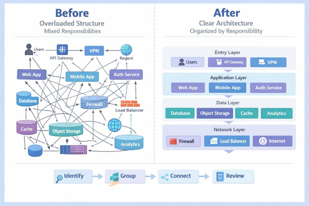 A before-and-after comparison diagram for software architecture, showing an overloaded mixed-structure diagram labeled 'Before' on the left and a clearer organized layered architecture labeled 'After' on the right, with icons and labels for users, API gateway, VPN, web app, mobile app, auth service, database, object storage, cache, analytics, firewall, and load balancer.