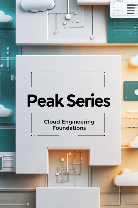 A book cover for 'Peak Series: Cloud Engineering Foundations' featuring a clean, modern 3D architectural design with white cloud-like structures, teal panels, and warm beige tones.