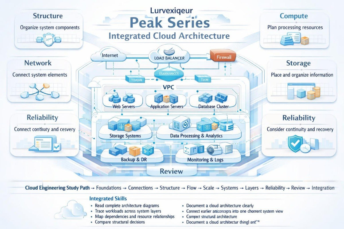 An infographic diagram titled 'Lurveiqxer Peak Series Integrated Cloud Architecture' showing a layered cloud architecture model with labeled components such as Internet, Load Balancer, VPC, Web Servers, Application Servers, Database Cluster, Storage Systems, Data Processing & Analytics, Backup & DR, Monitoring & Logs, and reliability and compute concepts. The layout is predominantly white and light blue with black and gray text.