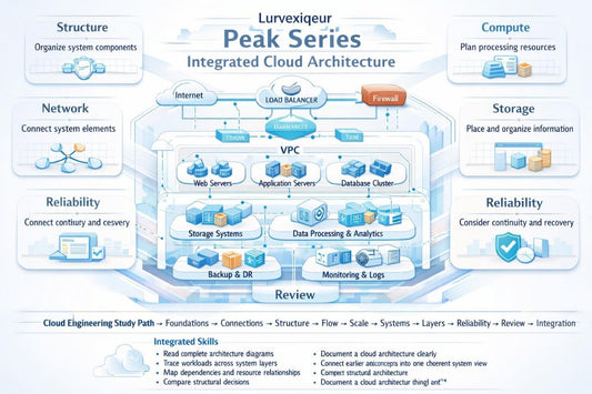 An infographic diagram titled 'Lurveiqxer Peak Series Integrated Cloud Architecture' showing a layered cloud architecture model with labeled components such as Internet, Load Balancer, VPC, Web Servers, Application Servers, Database Cluster, Storage Systems, Data Processing & Analytics, Backup & DR, Monitoring & Logs, and reliability and compute concepts. The layout is predominantly white and light blue with black and gray text.