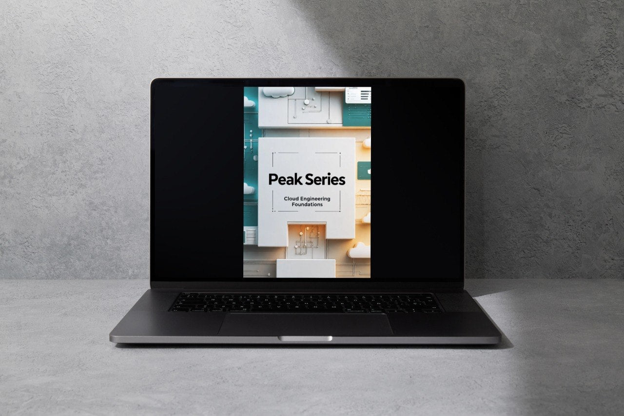 A dark gray laptop sits open on a light gray surface against a textured gray wall, displaying a website or brochure titled 'Peak Series Cloud Engineering Foundations' on its screen.