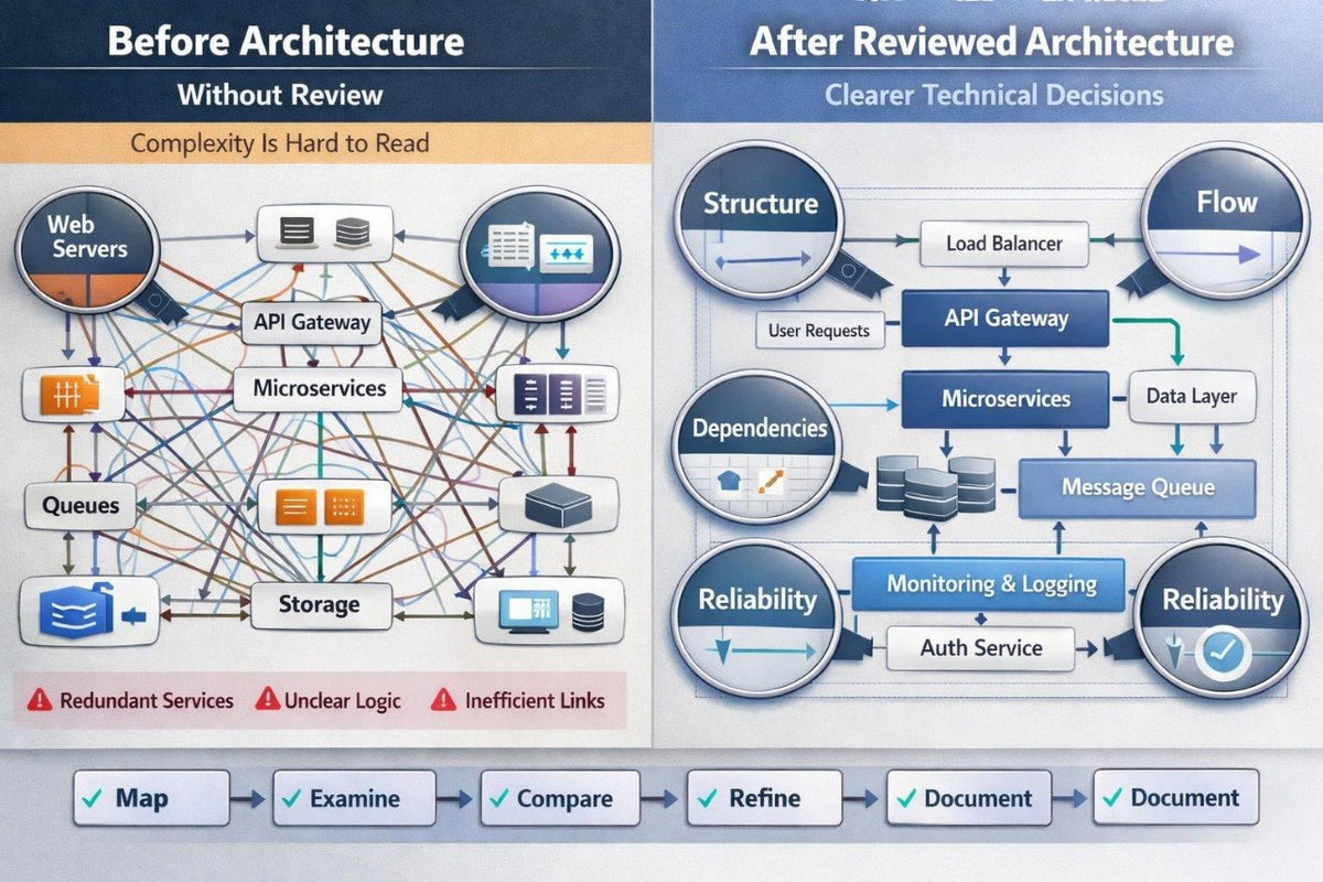 A side-by-side comparison infographic titled 'Before Architecture' and 'After Reviewed Architecture,' showing a tangled system diagram on the left and a cleaner, more organized flowchart on the right. The left side includes labels such as Web Servers, API Gateway, Microservices, Queues, Storage, and redundancy warnings; the right side shows Structure, Flow, Dependencies, and Reliability with a checklist at the bottom reading Map, Examine, Compare, Refine, Document, and Document.