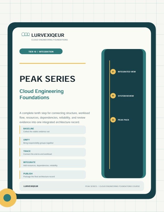 A digital course cover or infographic for 'Peak Series Cloud Engineering Foundations' by Lurvéxqueur, shown on a tablet mockup against a light grid background.