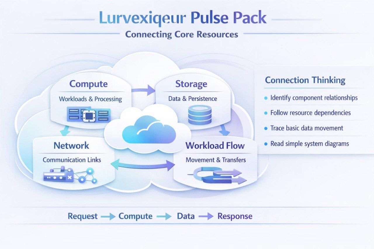 A digital diagram titled 'Lurvexiqueur Pulse Pack' showing a cloud-based system with labeled components: Compute, Storage, Network, and Workload Flow, plus a sidebar titled 'Connection Thinking' and a request-to-response flow at the bottom.