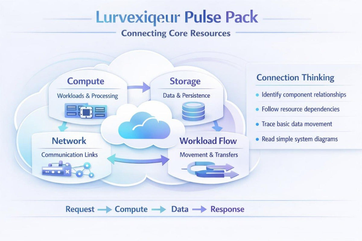 A digital diagram titled 'Lurvexiqueur Pulse Pack' showing a cloud-based system with labeled components: Compute, Storage, Network, and Workload Flow, plus a sidebar titled 'Connection Thinking' and a request-to-response flow at the bottom.