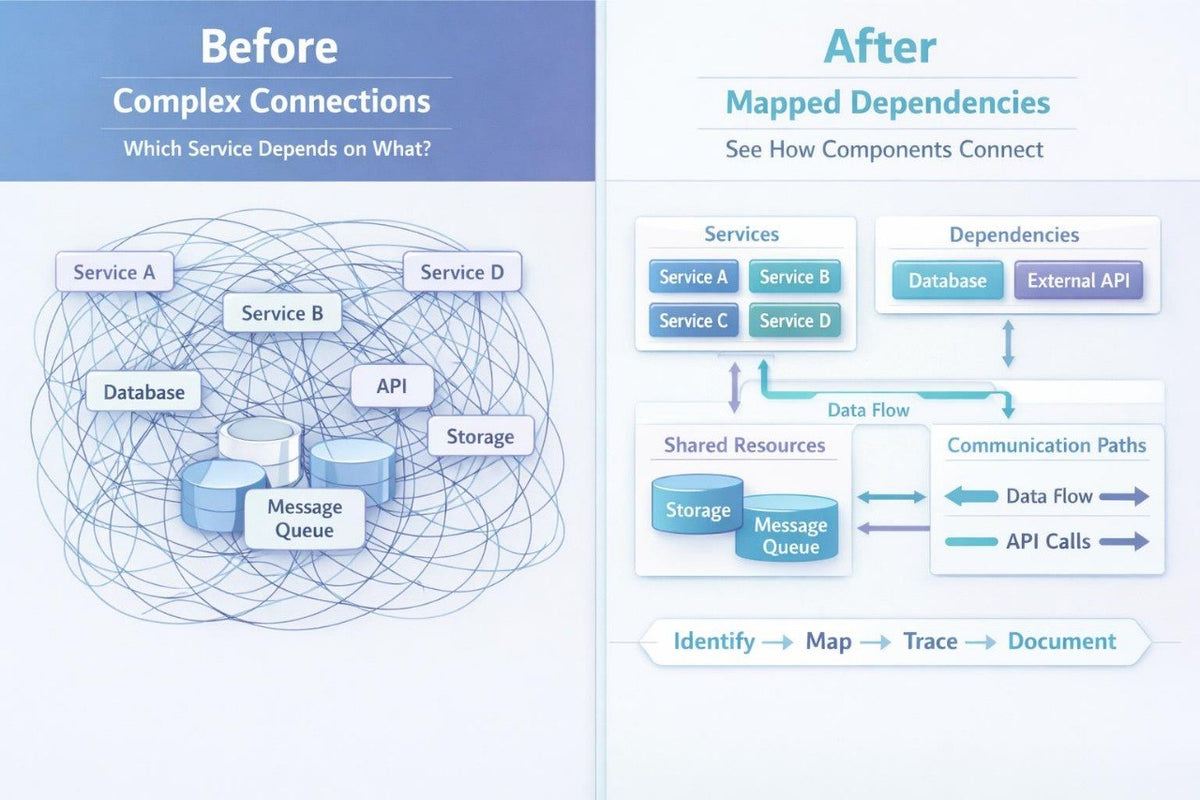 A comparison infographic titled 'Before Complex Connections' and 'After Mapped Dependencies,' showing tangled service dependency diagrams on the left and a cleaner mapped architecture on the right, with text about services, database, external API, storage, message queue, and data flow.