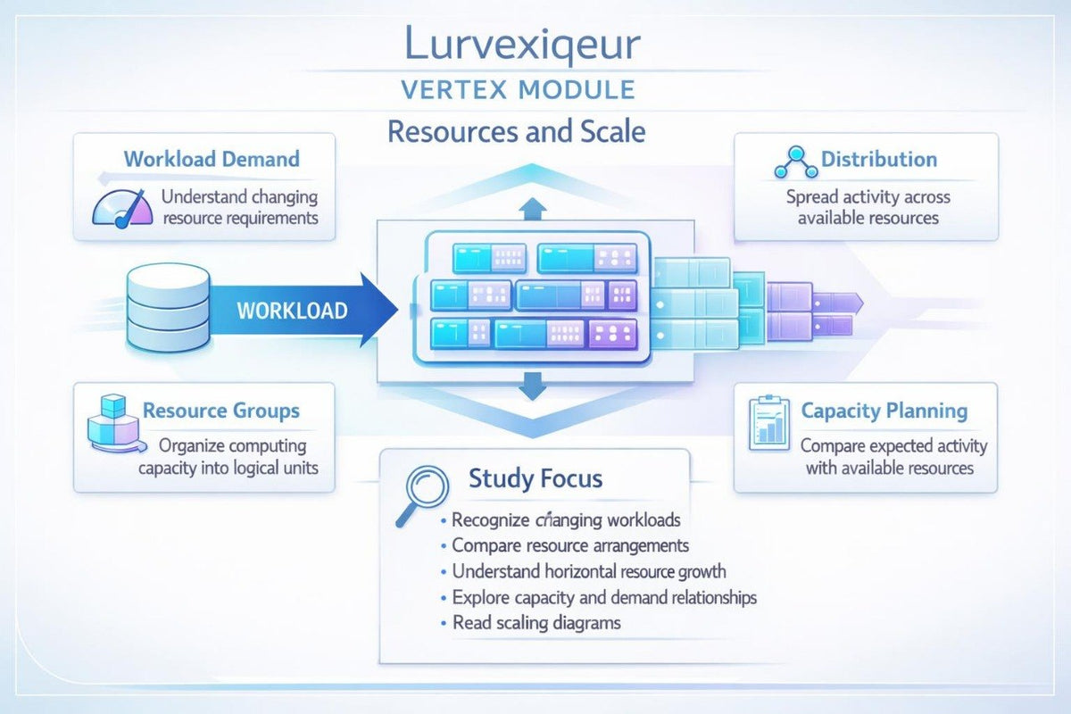 An infographic titled 'Lurvxequeur VERTEX MODULE Resources and Scale' with a central cloud server illustration and surrounding labeled boxes for Workload Demand, Distribution, Resource Groups, Capacity Planning, and Study Focus.