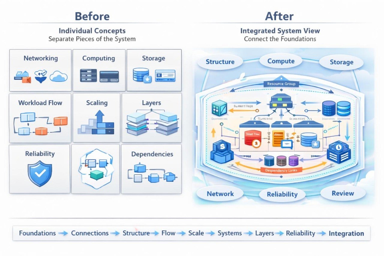 An infographic comparing a 'Before' state of individual concepts like networking, computing, and storage, with an 'After' state showing an integrated system view with connected database and cloud icons inside a rounded diagram.